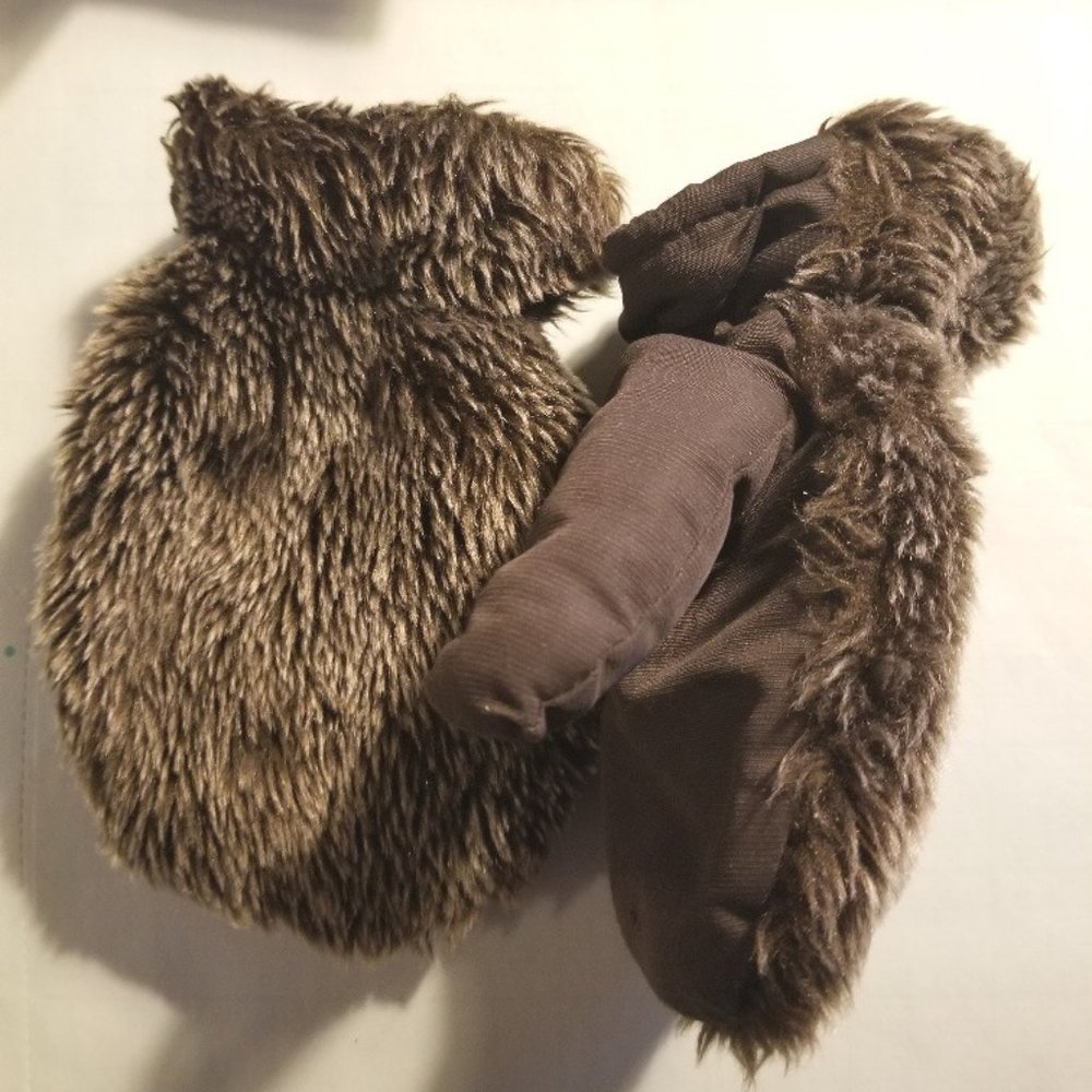Kid's brown fuzzy fur-like winter mittens gloves